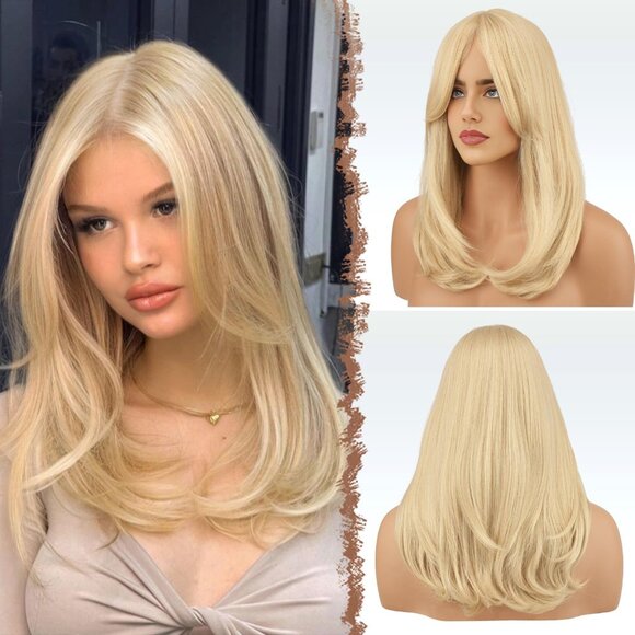 FESHFEN Blonde Wigs with Bangs - Long Layered Straight Light Blond - Picture 1 of 1